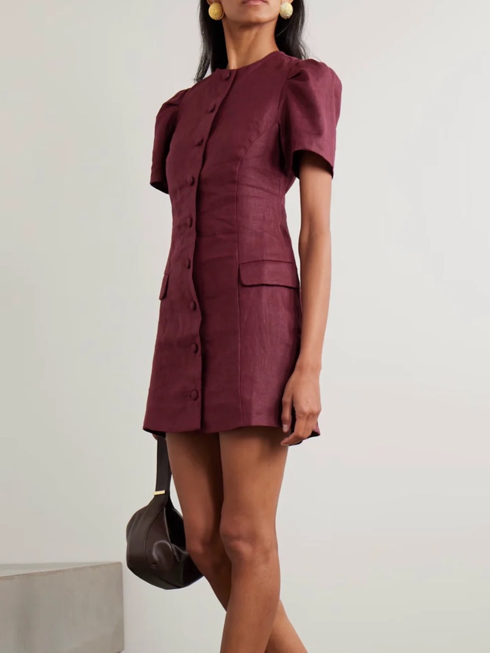 Faithfull The Brand Emma Mini Linen Dress Bordeaux Burgundy Short Sleeve Sz 6 M
